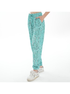 Asn Concept Kadın Desenli Mint Renk, Paçası Lastikli Pantolon (Büyük Beden Seçenekli)