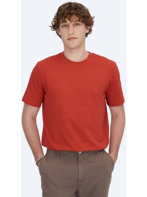 Koyu Turuncu Bisiklet Yaka %100 Pamuk T-Shirt