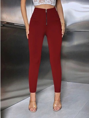Kadın Yüksek Belli Önden Fermuar ve Nervur Detaylı Dalgıç Tayt