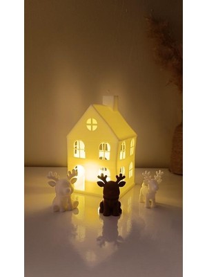 Kış Evi Mini Geyik Mumluk Noel Yılbaşı Süsü Dekoratif Biblo Tealight Mumluk Seti Mum Dahildir