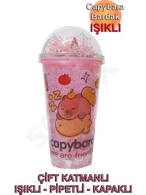 H2o Capybara Çift Cidarlı, Işıklı, Pipetli, Kapaklı Bardak