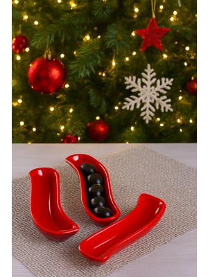 Keramika Yılbaşı Kırmızı İvory Zeytinlik 18 Cm 3 Adet