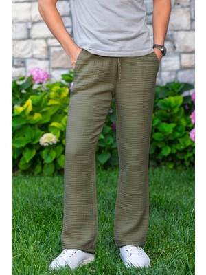 Eliş Şile Bezi Beli Lastikli Multi Çift Cepli Müslin Kadın/erkek Unisex Yazlık Pantolon Haki Hk