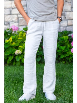 Eliş Şile Bezi Beli Lastikli Multi Çift Cepli Müslin Kadın/erkek Unisex Yazlık Pantolon Beyaz Byz