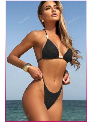 Veille Inci Detaylı 3'lü Şık Bikini ve Yırtmaçlı Pareo Set - Plaj Modasının Gözdesi