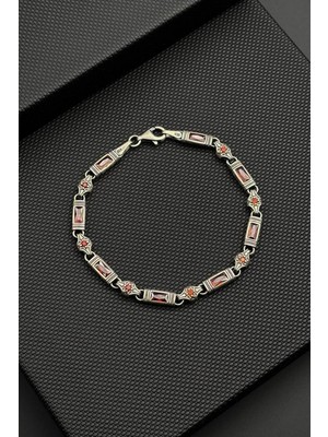 Frnch 925 Ayar Gümüş Italyan Model Kırmızı Zirkon Taşlı Gümüş Renk Erkek Bileklik FRJ12338-3338-K