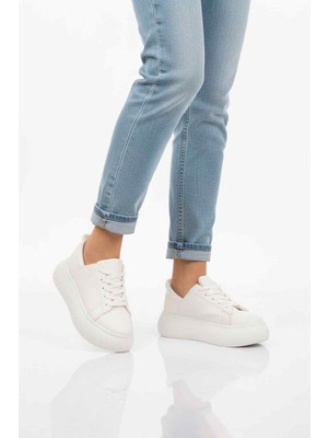 Ayakmod Beyaz Kalın Taban Bağcıklı Kadın Spor Ayakkabı Termo Dv-03 Z