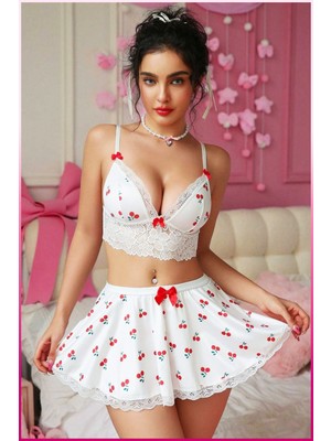 Veille Mini Etekli Dantel Detaylı Çilek Desenli Üçlü Set – Bralet & Etek & Külot