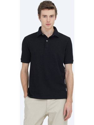 Kip Siyah Düz Polo Yaka Pamuk Karışımlı T-Shirt