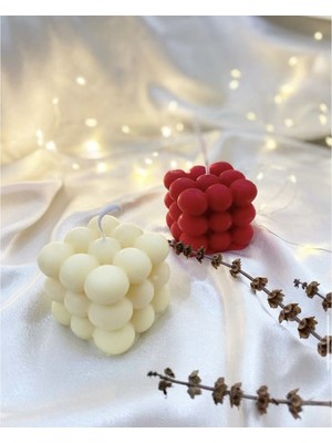 Modern Bubble Küp Mum Kırmızı-Beyaz Dekoratif Mum 2 Adet