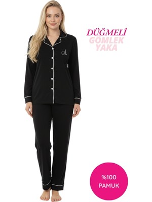 Bie's Kadın Siyah %100 Pamuk Kumaş Mevsimlik Boydan Önden Düğmeli Gömlek Yaka Uzun Kol Pijama Takımı