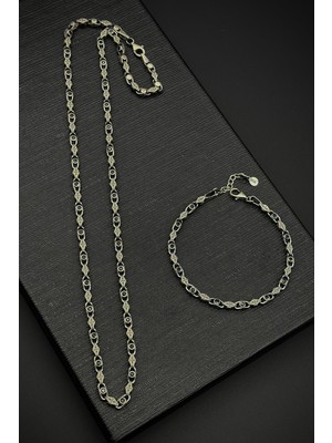 Frnch 925 Ayar Gümüş Italyan Model Siyah Zirkon Taşlı Gümüş Renk Erkek Bileklik/kolye Set FRJ12328-3328-SA