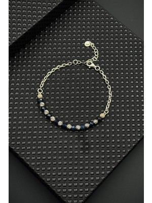 Frnch 925 Ayar Gümüş ve Safir Doğal Taşlı Siyah Renk Erkek Bileklik FRJ11990-2090-L2