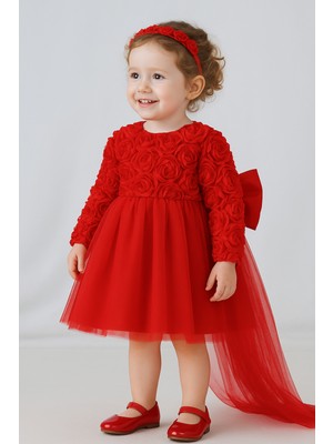 2kids2mom Kız Bebek Kırmızı Elbise Uzun Kollu Fiyonklu Doğum Günü Parti Düğün Özel Gün Tüllü Astarlı Prenses (Pembe)
