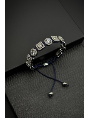 Frnch 3A Kalite Zirkon Taşlı Lacivert Renk Ipli Ayarlanabilir Erkek Bileklik FRJ11723-1823-L