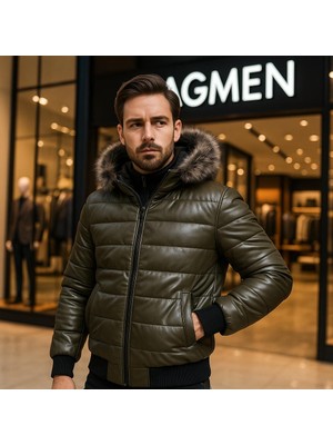 Zagmen Erkek Kürk Yaka Şişme Suni Deri Mont