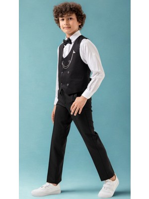 Erkek Çocuk Smokin Takım Elbise – Pantolonlu Yelekli Papyonlu Gömlekli Zincirli 5’li Set