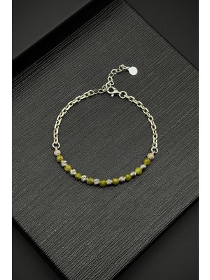 Frnch 925 Ayar Gümüş ve Yeşim Doğal Taşlı Yeşil Renk Erkek Bileklik FRJ11990-2090-Y4