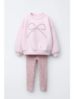 My Kids Wear Kız Çocuk Fiyonk Detaylı Çiçek Desenli Tayt 3 Iplik Takım Şardonsuz 2-6 Yaş 12321