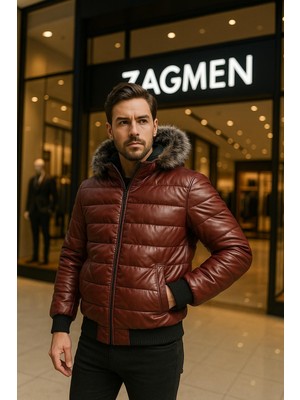 Zagmen Erkek Kürk Yaka Şişme Suni Deri Mont