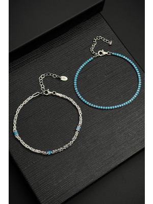 Frnch 925 Ayar Gümüş Italyan Model Turkuaz Zirkon Taşlı Gümüş Renk Erkek Bileklik Set FRJ12359-3359-M