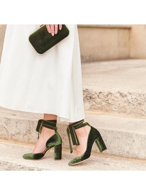 Orman Yeşili Kadife Blok Topuklu Ayakkabı