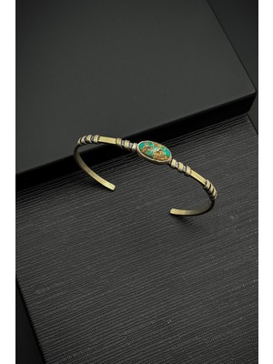 Frnch 925 Ayar Gümüş Firuze Doğal Taşlı Gümüş Renkli Erkek Kelepçe Bileklik FRJ12580-3580-A2M