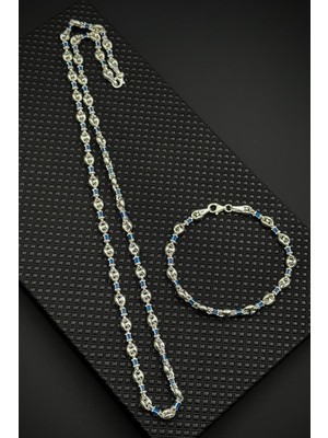 Frnch 925 Ayar Gümüş Italyan Model Lacivert Zirkon Taşlı Gümüş Renk Erkek Bileklik/kolye Set FRJ12715-3715-L