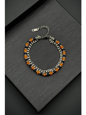 Frnch 316L Çelik Onyx ve Sedef Doğal Taşlı Turuncu Renk Erkek Bileklik FRJ12540-3540-BK