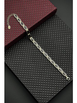 Frnch 925 Ayar Gümüş Siyah Doğal Taşlı Gümüş Renk Erkek Bileklik FRJ12461-3461-S