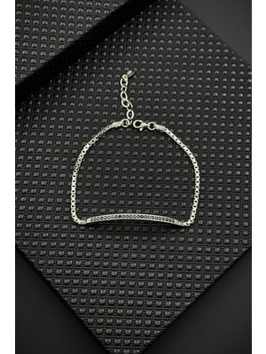 Frnch 925 Ayar Gümüş Siyah Zirkon Taşlı Gümüş Renk Erkek Bileklik FRJ12652-3652-S