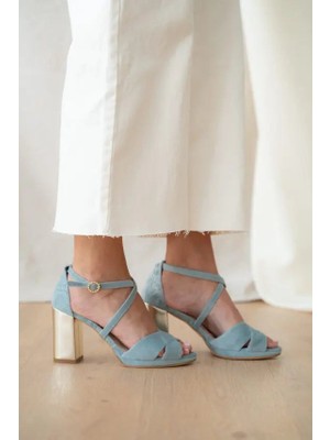 Açık Mavi Kadife Fiyonklu Gelin Ayakkabı