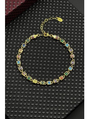 Frnch 925 Ayar Gümüş Mix Renkli Zirkon Taşlı Altın Renk Erkek Bileklik FRJ12717-3717-CKG