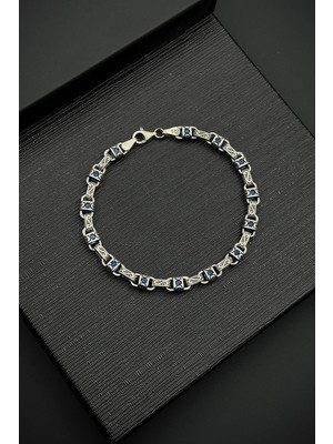 Frnch 925 Ayar Gümüş Italyan Model Lacivert Zirkon Taşlı Gümüş Renk Erkek Bileklik FRJ12538-3538-L