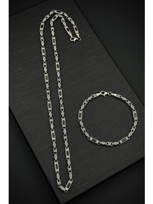 Frnch 925 Ayar Gümüş Italyan Model Zirkon Taşlı Gümüş Renk Erkek Bileklik/kolye Set FRJ12419-3419-A