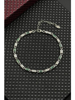 Frnch 925 Ayar Gümüş Yeşil-Beyaz Zirkon Taşlı Gümüş Renk Erkek Bileklik FRJ12718-3718-YA