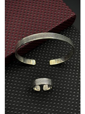 Frnch 925 Ayar Gümüş Italyan Model Gümüş Renk Erkek Bileklik/yüzük Set FRJ12661-3661-A4