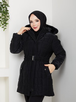 Eslemnur Nova Kumaş Şişme Mont Kadın 85 cm Siyah Düz Yaka Uzun Kol Kalın Günlük Stil