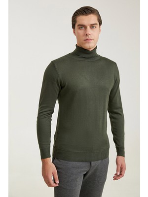 D'S Damat Ds Damat Regular Fit Haki Düz Örgü Kazak 5HF0606320071