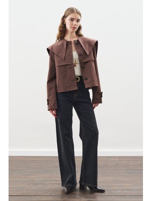 Manuka Geniş Yaka Gabardin Ceket Çikolata