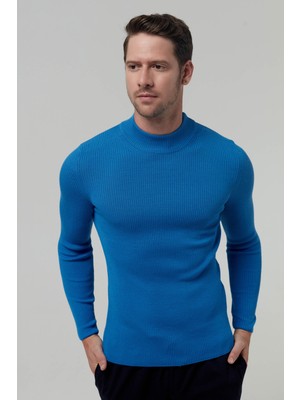 Twn Slim Fit Saks Mavi Rib Örgü Kazak 5EC0606317701