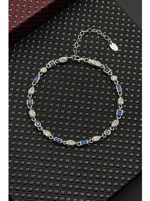 Frnch 925 Ayar Gümüş Lacivert-Beyaz Zirkon Taşlı Gümüş Renk Erkek Bileklik FRJ12719-3719-LA