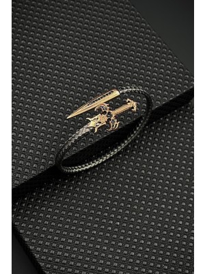 Frnch 925 Ayar Gümüş Kılıç Figürlü Füme-Altın Renk Erkek Bileklik FRJ12613-3613-AG