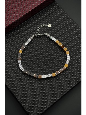 Frnch 316L Çelik ve Kaplan Gözü Doğal Taşlı Kahverengi Erkek Bileklik FRJ12667-3667-K