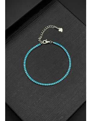 Frnch 925 Ayar Gümüş 2mm Aqua Marine Taşlı Turkuaz Renk Tennis Erkek Bileklik FRJ11979-2079-M2