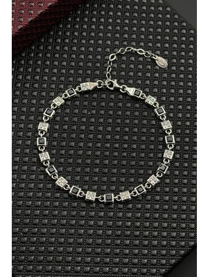 Frnch 925 Ayar Gümüş Siyah-Beyaz Zirkon Taşlı Gümüş Renk Erkek Bileklik FRJ12717-3717-SB