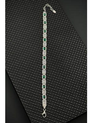 Frnch 925 Ayar Gümüş Yeşil-Beyaz Baget Zirkon Taşlı Gümüş Renk Erkek Bileklik FRJ12644-3644-YA