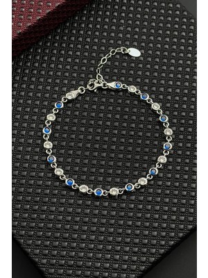 Frnch 925 Ayar Gümüş Lacivert-Beyaz Zirkon Taşlı Gümüş Renk Erkek Bileklik FRJ12720-3720-LA