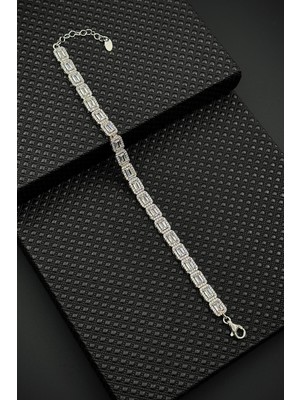 Frnch 925 Ayar Gümüş Beyaz Baget Zirkon Taşlı Gümüş Renk Erkek Bileklik FRJ12644-3644-A