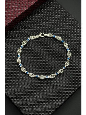 Frnch 925 Ayar Gümüş Italyan Model Lacivert Zirkon Taşlı Gümüş Renk Erkek Bileklik FRJ12714-3714-L